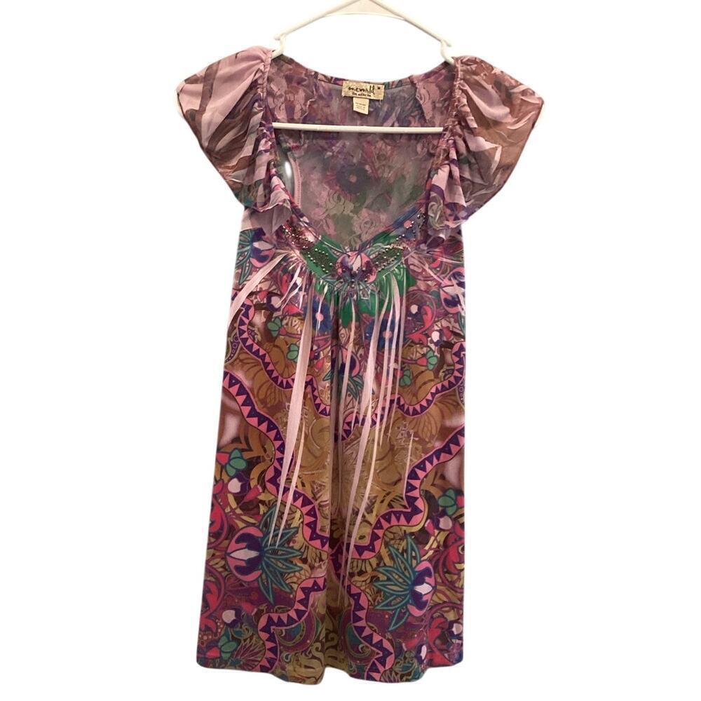 Vintage One World Womens Tank Size M Ruffle Sleeve Jeweled Pink Purple Fairy Y2K